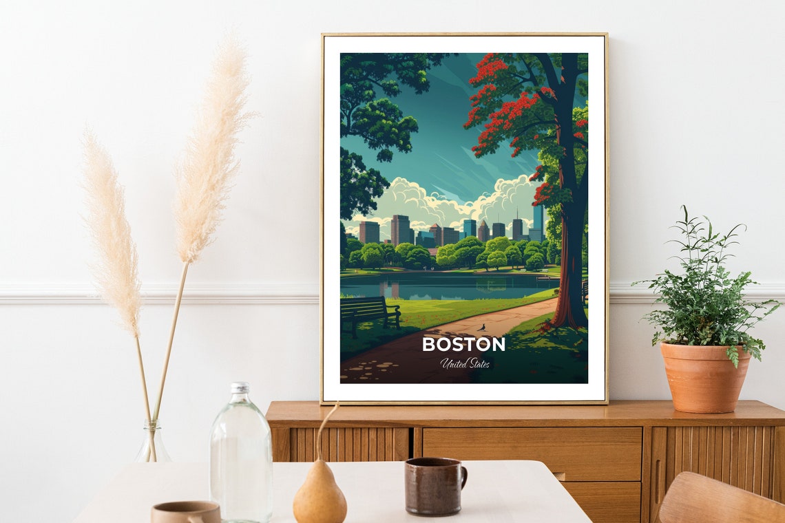 Boston Common Park Lake Skyline Autumn United States Travel Poster - Image 2