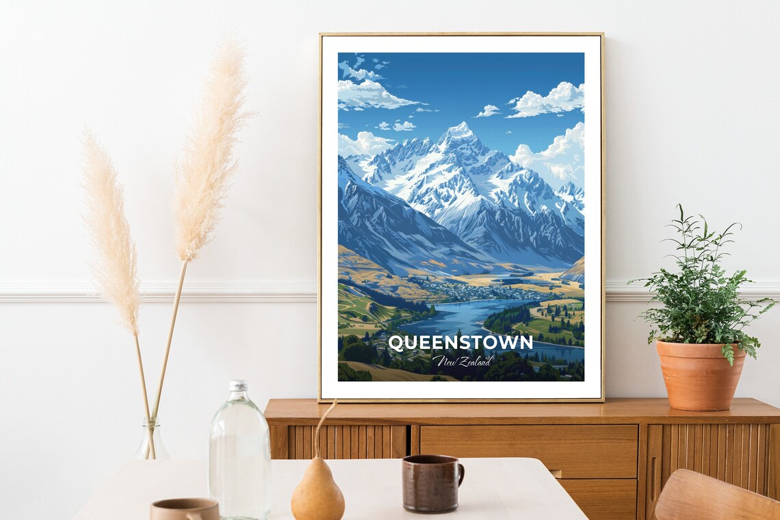 Queenstown Coronet Peak Snowy Mountain Over Lake Travel Poster - Image 2