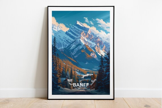 Banff Canada Snowy Rocky Mountain Peak Winter Cabin Village Poster