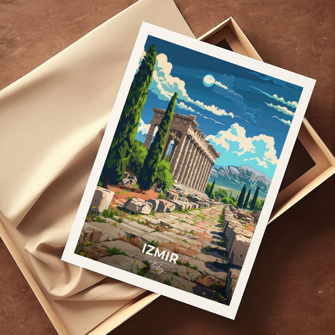 Izmir Ancient Greek Column Ruins With Cypress Trees Turkey Travel Poster - Image 3