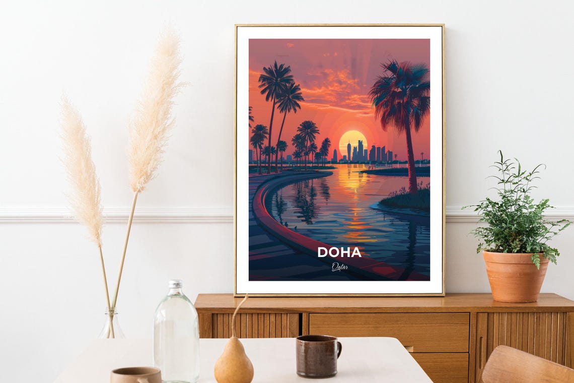 Doha Qatar Sunset Park Palm Trees Lake Skyline Art View Poster - Image 3