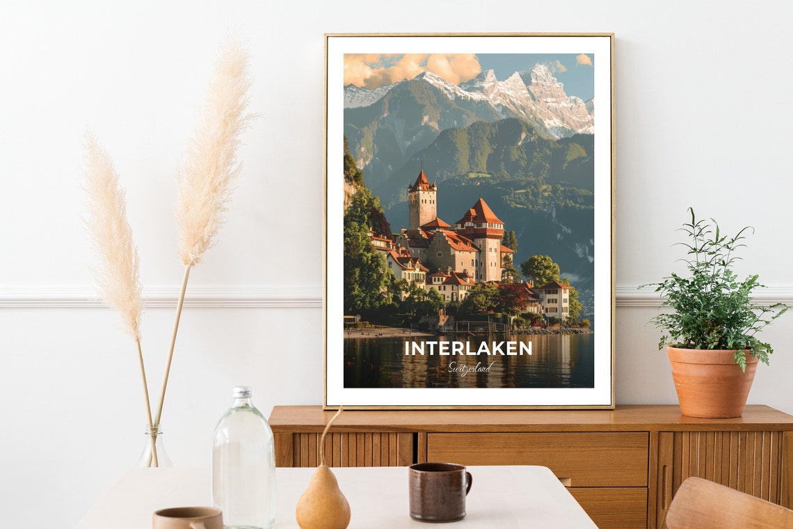 Interlaken Switzerland Lakeside Castle Alpine Peaks Travel Poster - Image 2
