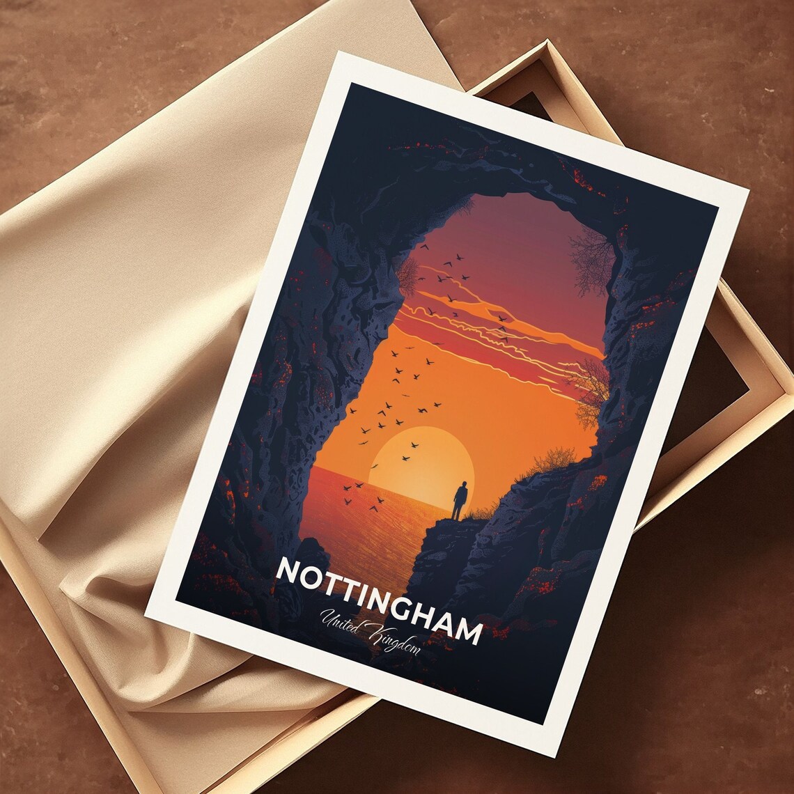 Nottingham City Of Caves Sea Cave Arch Sunset Birds Travel Poster - Image 3