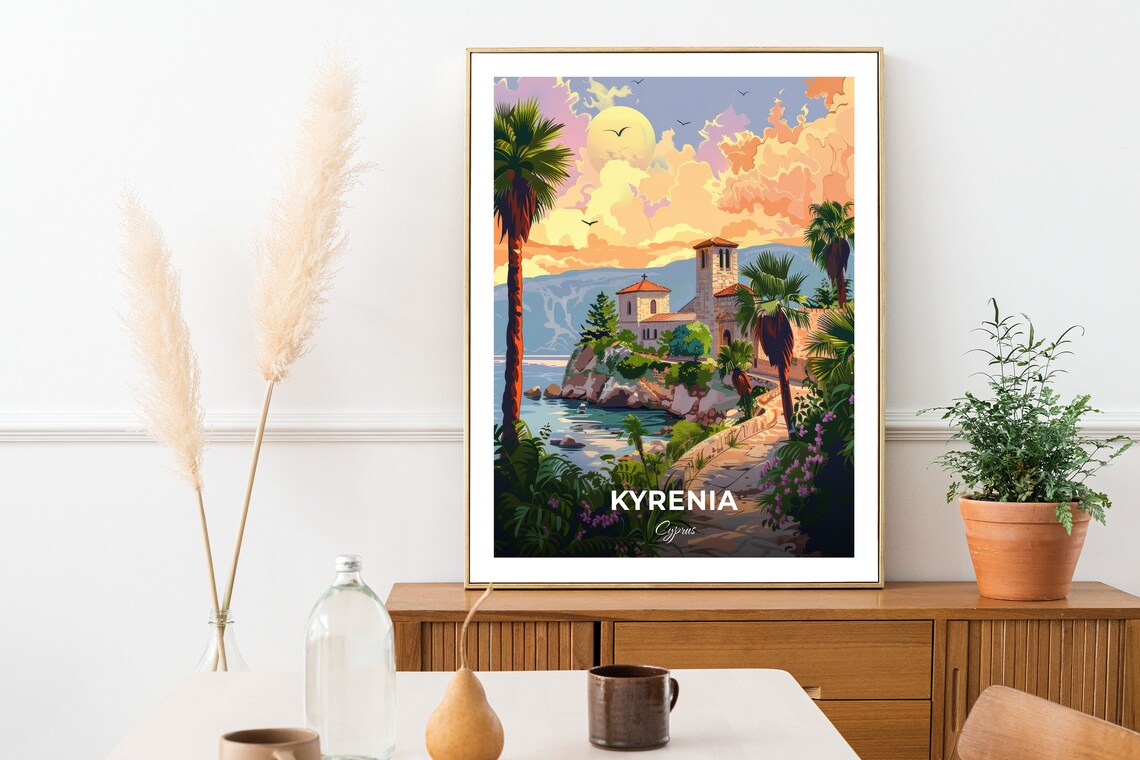 Kyrenia Cyprus Bellapais Abbey Ruins Coast Palms Sunset Travel Poster - Image 2