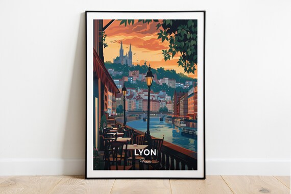 Lyon France Riverside Cafe Terrace Sunset Vintage Travel Poster