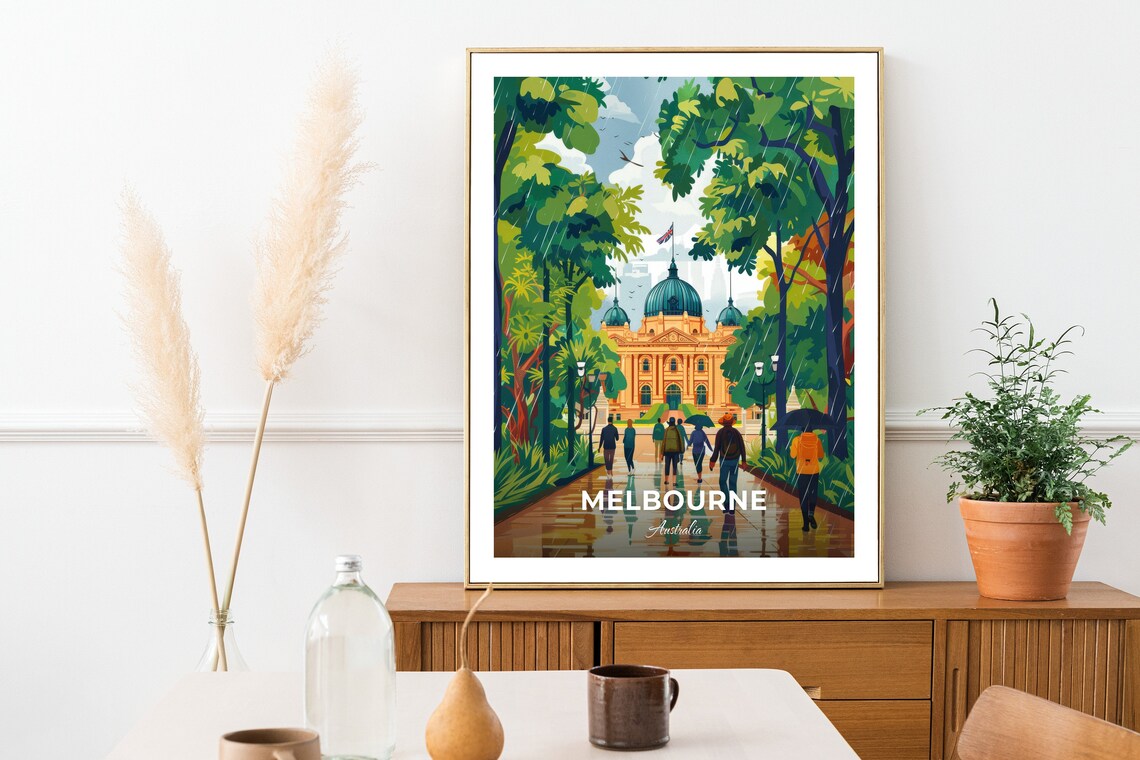 Melbourne Domed Heritage Hall Rainy Park Stroll Travel Scene Poster - Image 2
