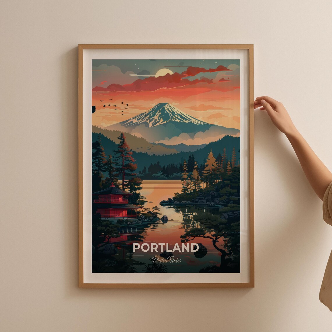 Portland Japanese Garden Pagoda and Mountain Modern Travel Poster - Image 2