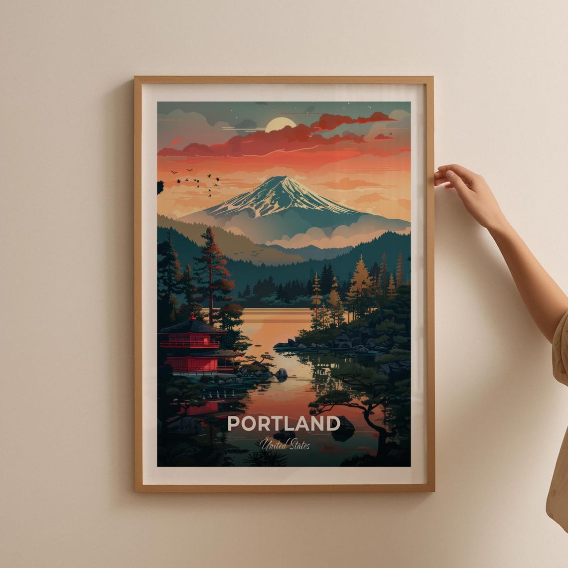 Portland Travel Poster Portland Japanese Garden City Print Cityscape Artwork Birthday Wedding Gift Wall Art Location Print - Image 2