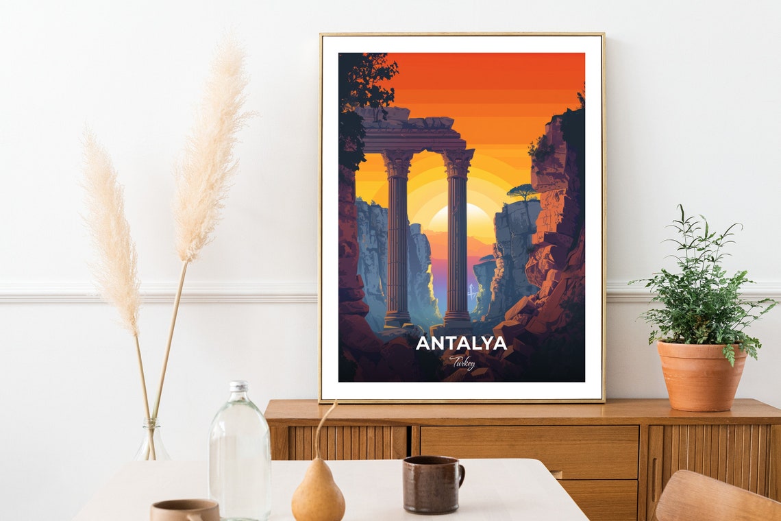 Antalya Ancient Columns Silhouetted At Sunset Turkey Travel Poster - Image 2