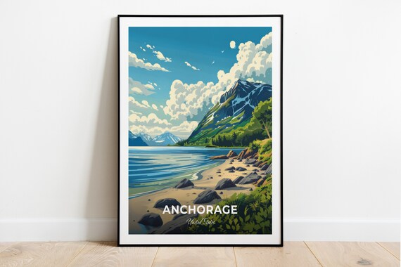 Anchorage Alaska Rocky Beach Mountain Inlet Summer Travel Poster