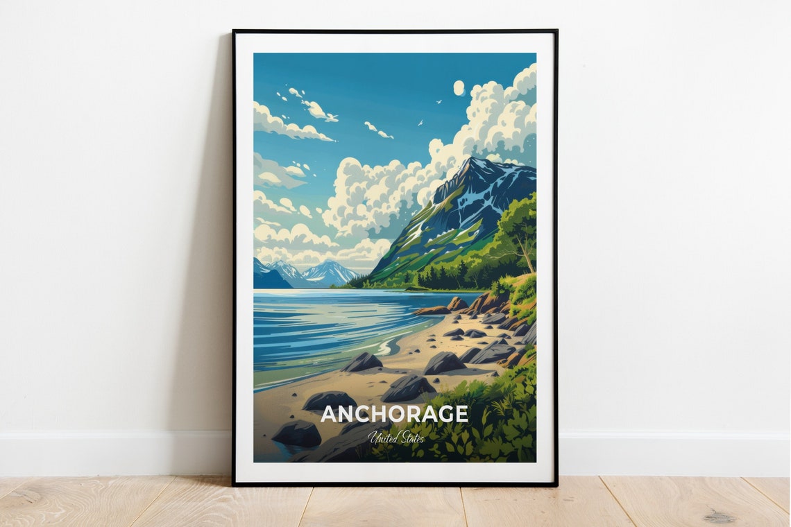 Anchorage Alaska Rocky Beach Mountain Inlet Summer Travel Poster