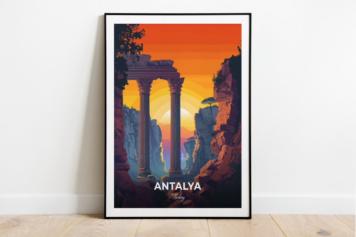 Antalya Ancient Columns Silhouetted At Sunset Turkey Travel Poster