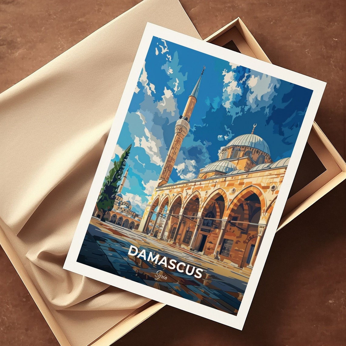 Damascus Grand Mosque Minaret Arcade Courtyard Travel Scene Poster - Image 3