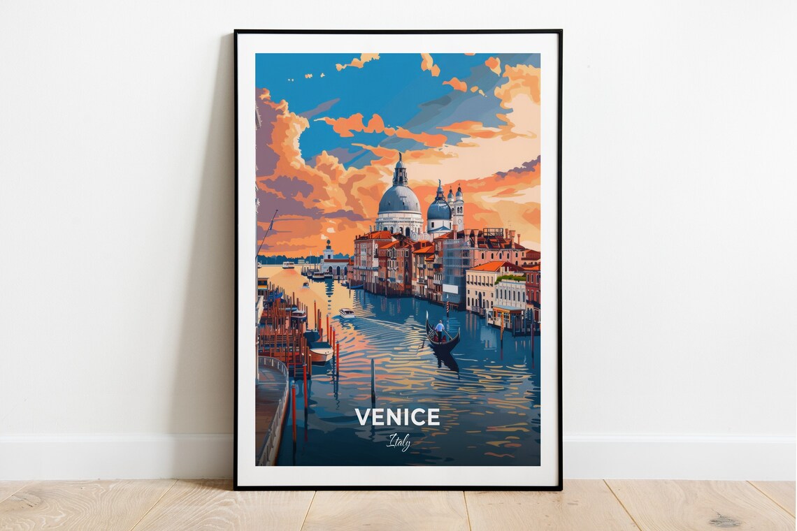 Venice Italy Grand Canal Gondola Sunset Dome Church Travel Poster
