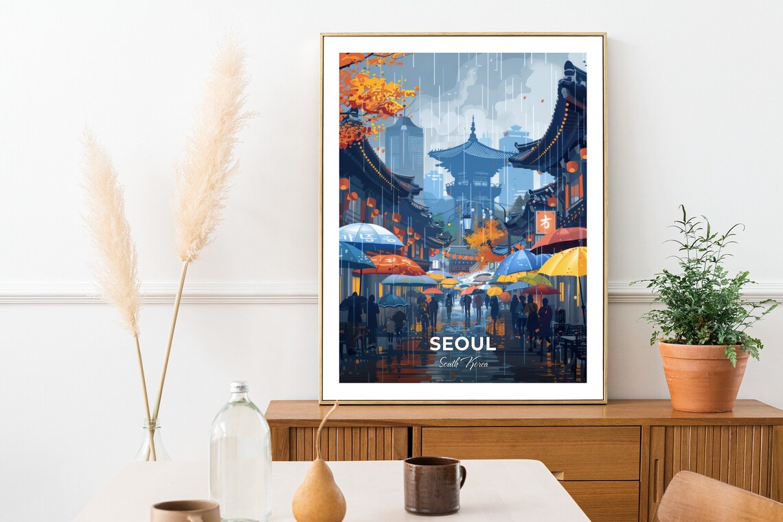 Seoul South Korea Namdaemun Market Rain Umbrellas Autumn Travel Poster - Image 2