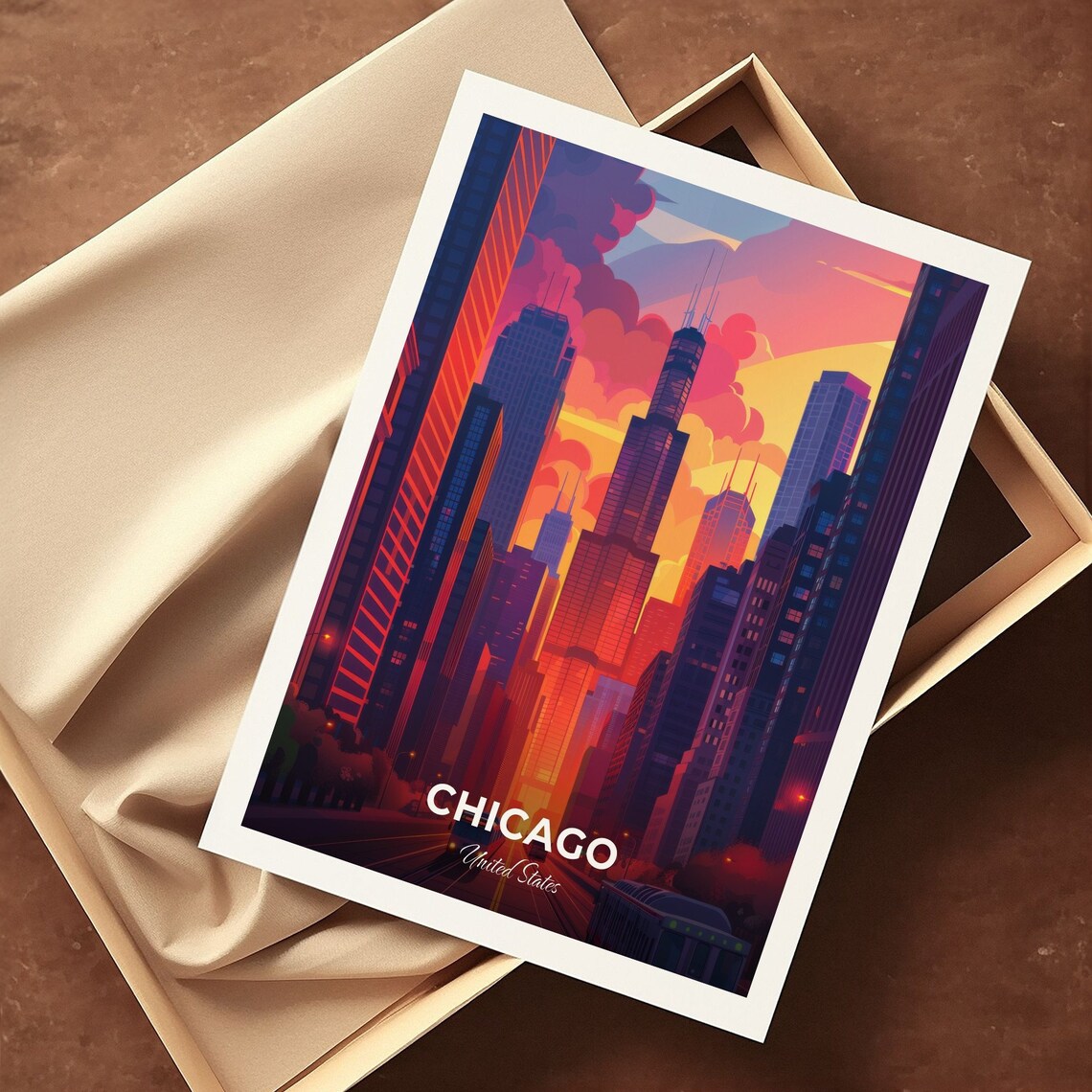 Chicago Downtown Skyline Willis Tower Sunset Vibrant Travel Poster - Image 3