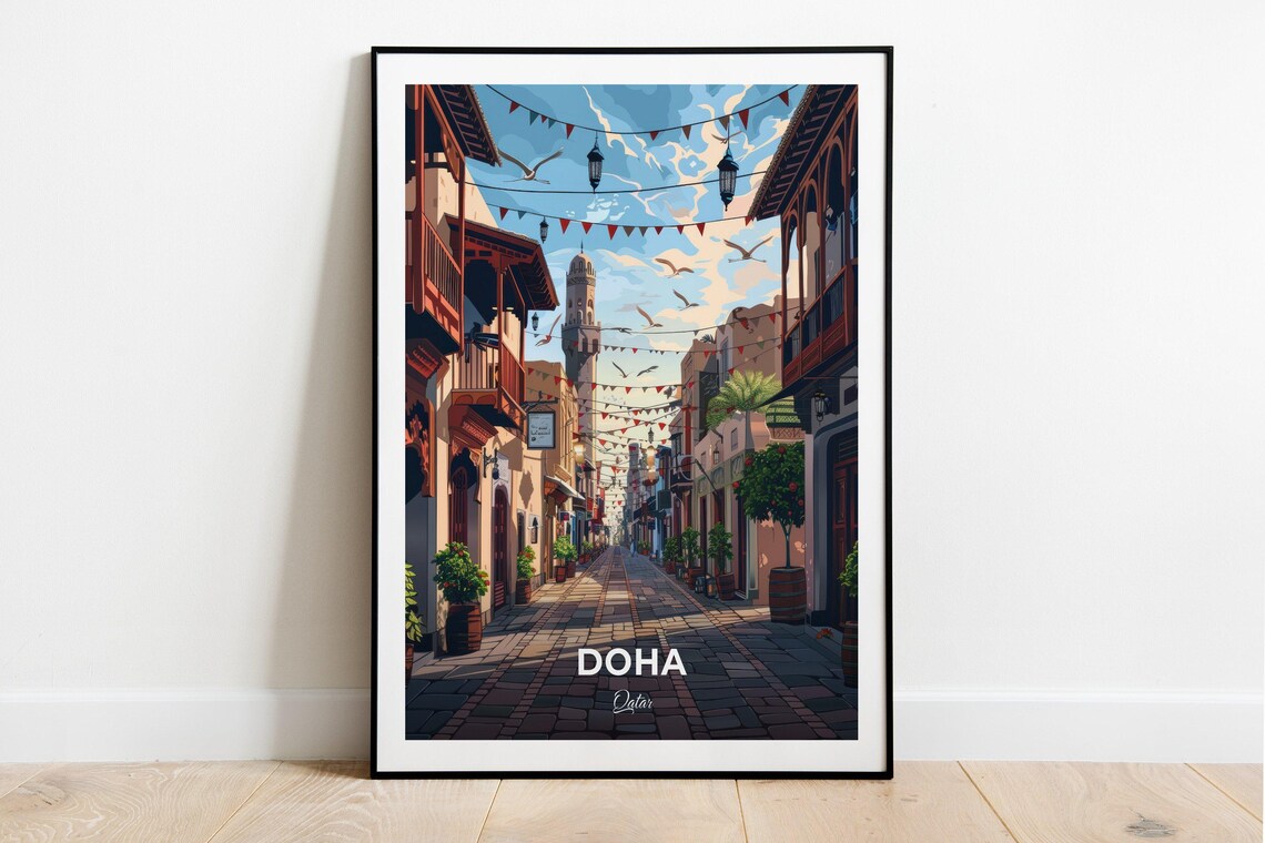 Doha Qatar Old Souq Street Lanterns Bunting Banner View Poster