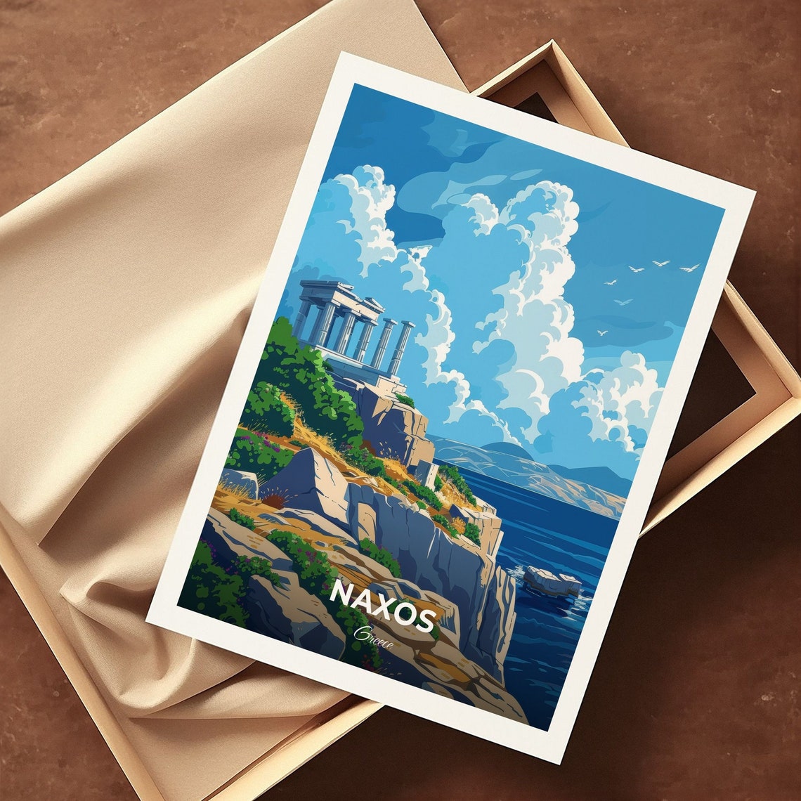 Naxos Ancient Temple on Rocky Cliffs by the Sea Greece Travel Poster - Image 3