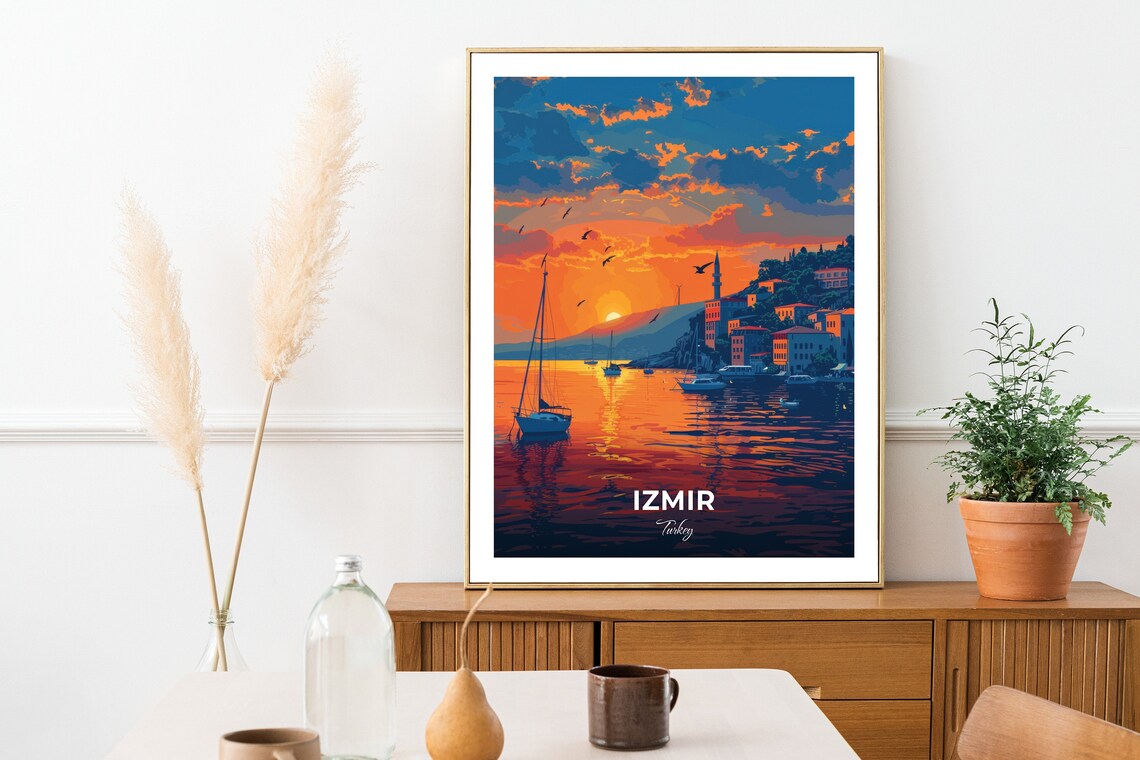 Izmir Asansor Sunset Bay Sailboats Mosque Turkey Travel Poster - Image 2