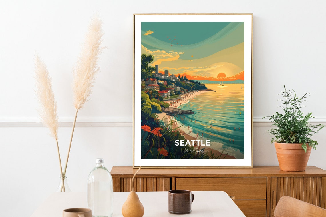 Seattle Alki Beach Sunset Skyline Shoreline Travel Scene Poster - Image 2