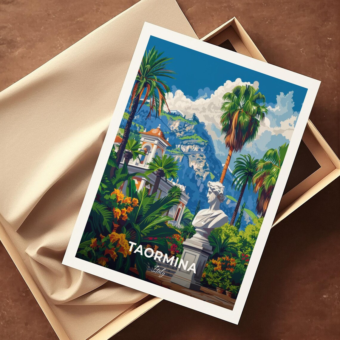 Taormina Italy Public Garden Statue Palms Church View Travel Poster - Image 4