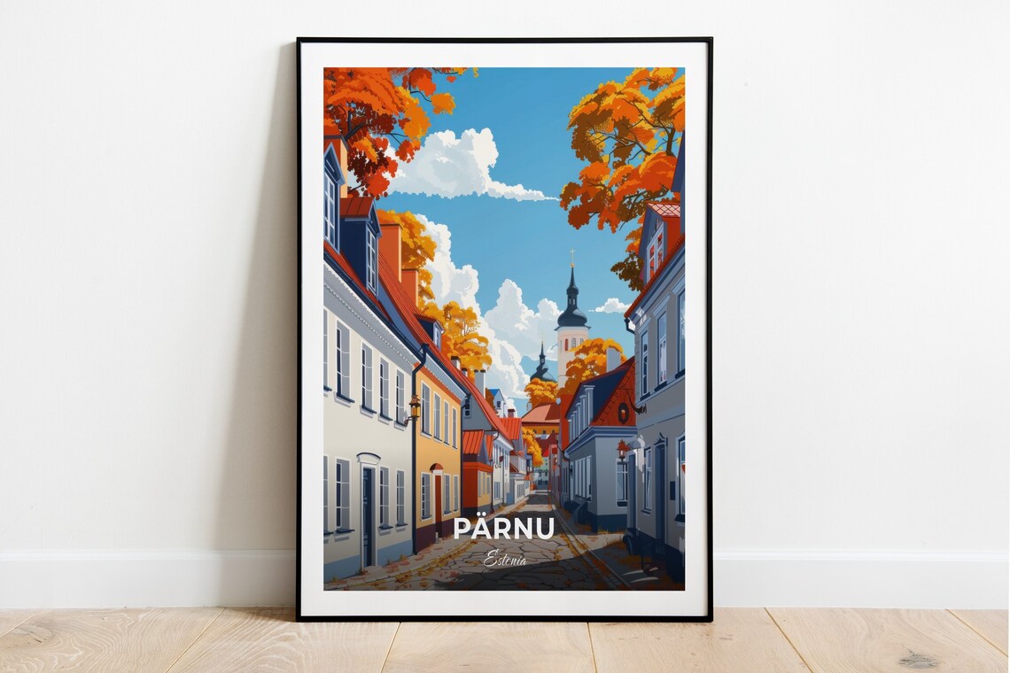 Parnu Estonia Historic Old Town Autumn Street Cityscape Travel Poster