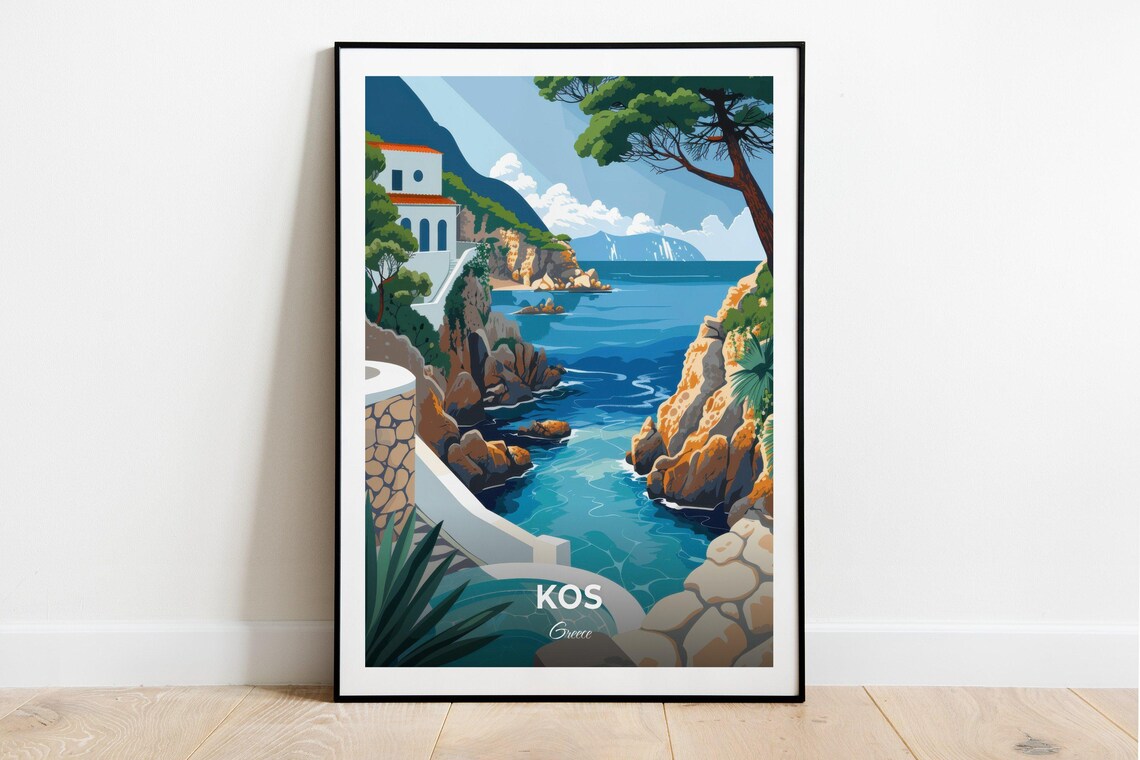 Kos Greece Rocky Cove Turquoise Sea Blue Stone Pool Art Poster