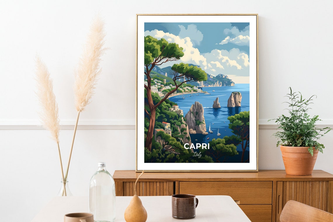 Capri Italy Faraglioni Sea Stacks Sailboats Pine Coast Travel Poster - Image 2