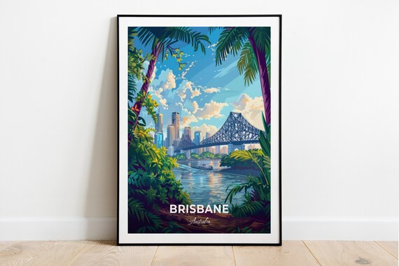 Brisbane Story Bridge River Skyline Palm Trees Travel Poster