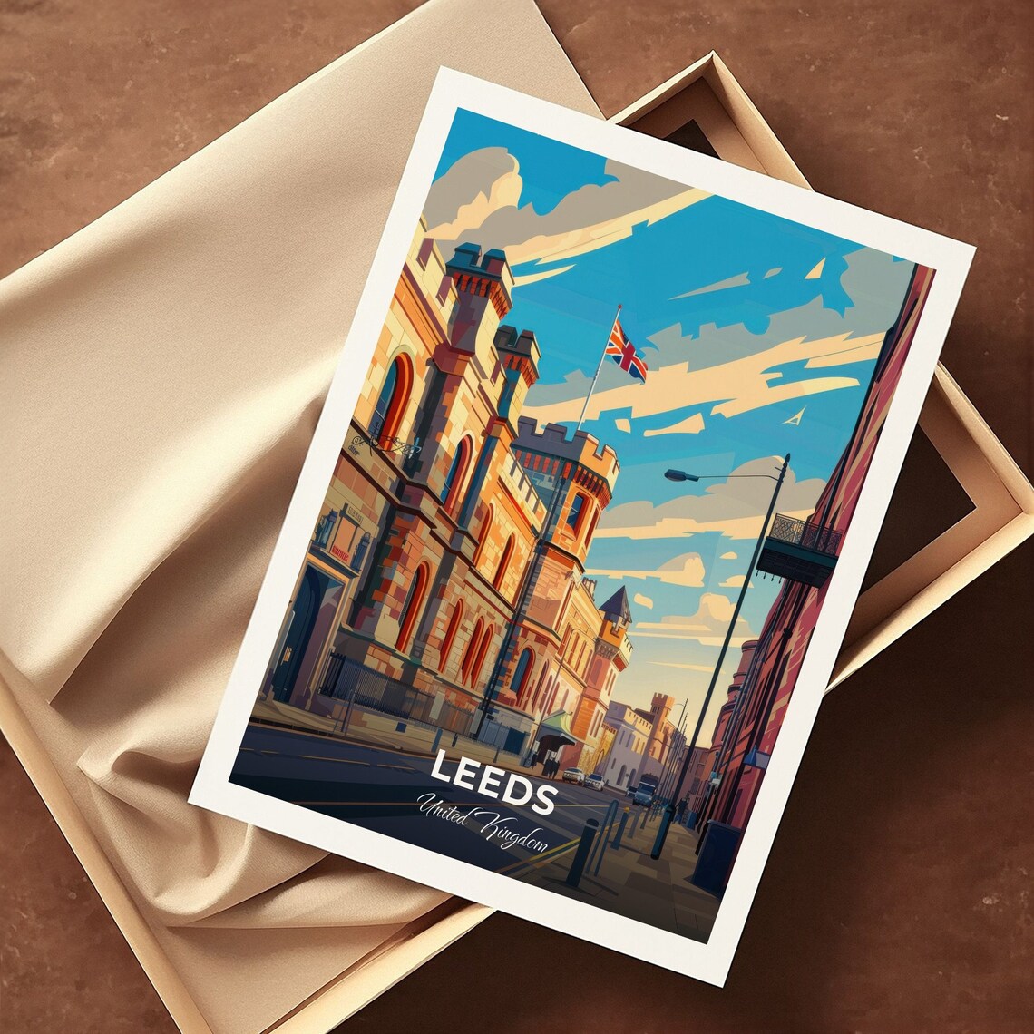 Leeds Historic Stone Architecture Union Jack Travel Poster England - Image 3