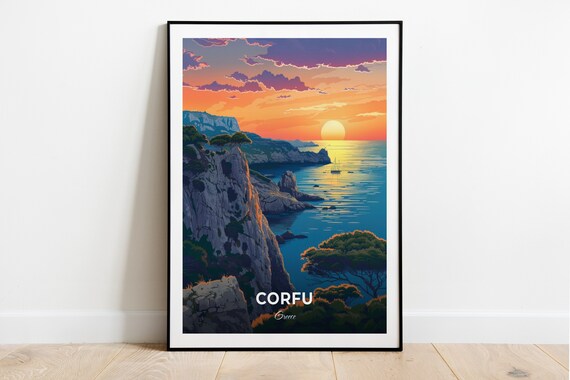 Corfu Greece Rocky Cove Sunset Cliffs Golden Sea Travel Poster