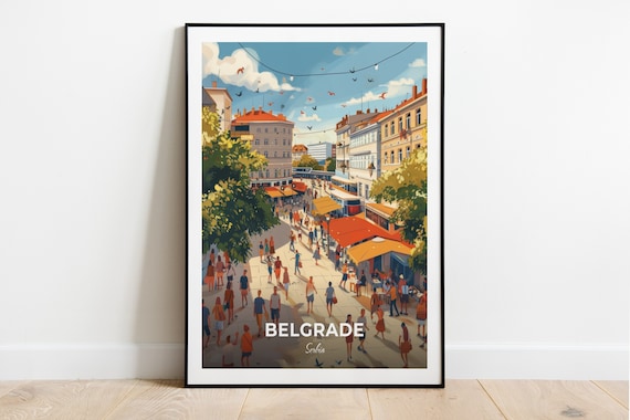 Belgrade Pedestrian Zone Crowded Square Market Day Travel Poster