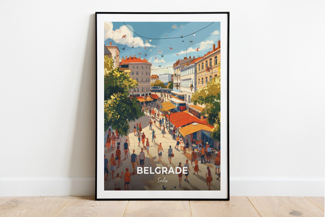 Belgrade Pedestrian Zone Crowded Square Market Day Travel Poster
