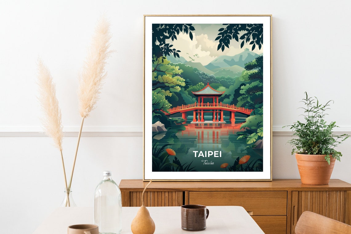 Taipei Lakeside Pavilion Bridge Forest Reflection Travel Scene Poster - Image 2