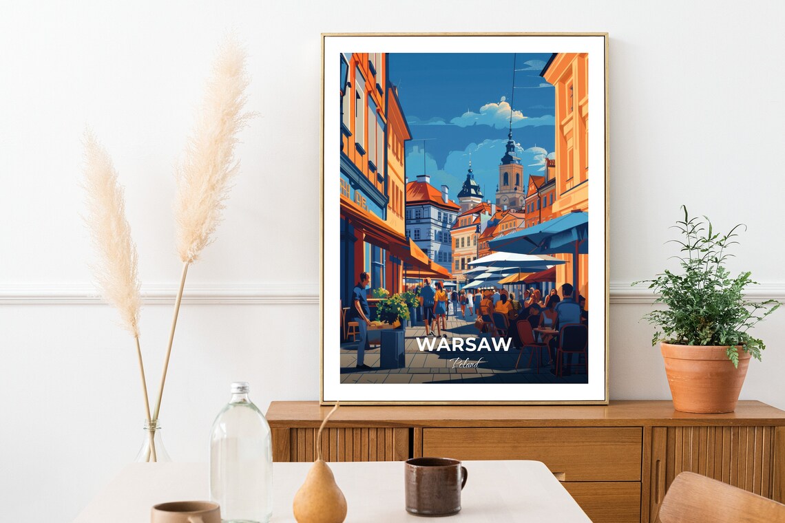 Warsaw Poland Old Town Market Street Colorful Houses Travel Poster - Image 2
