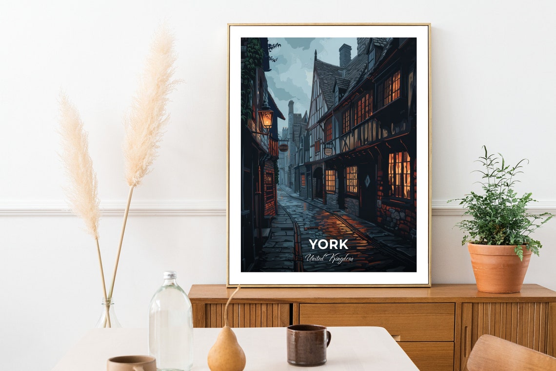 York England Moonlit Medieval Cobbled Street Old Town Travel Poster - Image 2