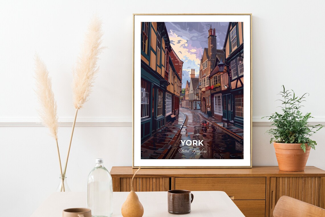 York United Kingdom Medieval Cobbled Street Dusk Glow Art Poster - Image 2