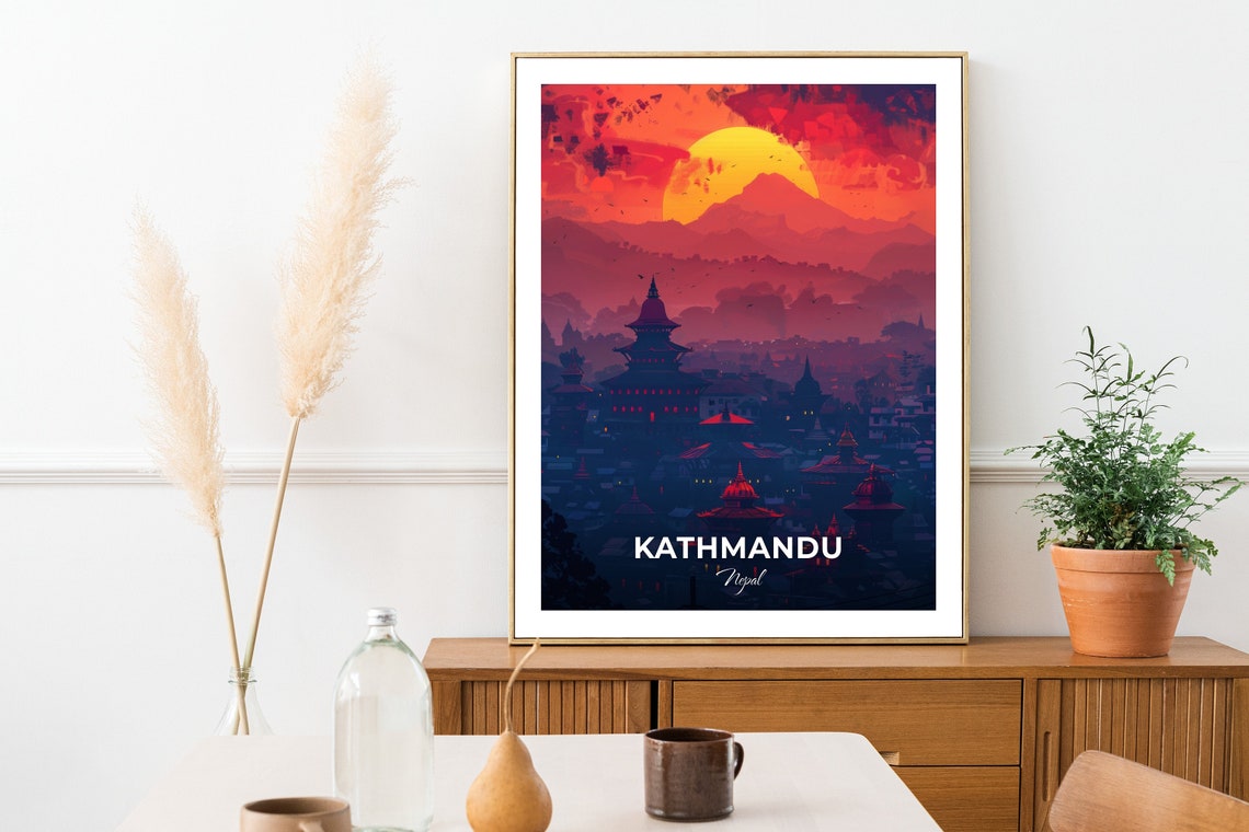 Kathmandu Nepal Temple Sunrise City Silhouette Travel Poster - Image 2