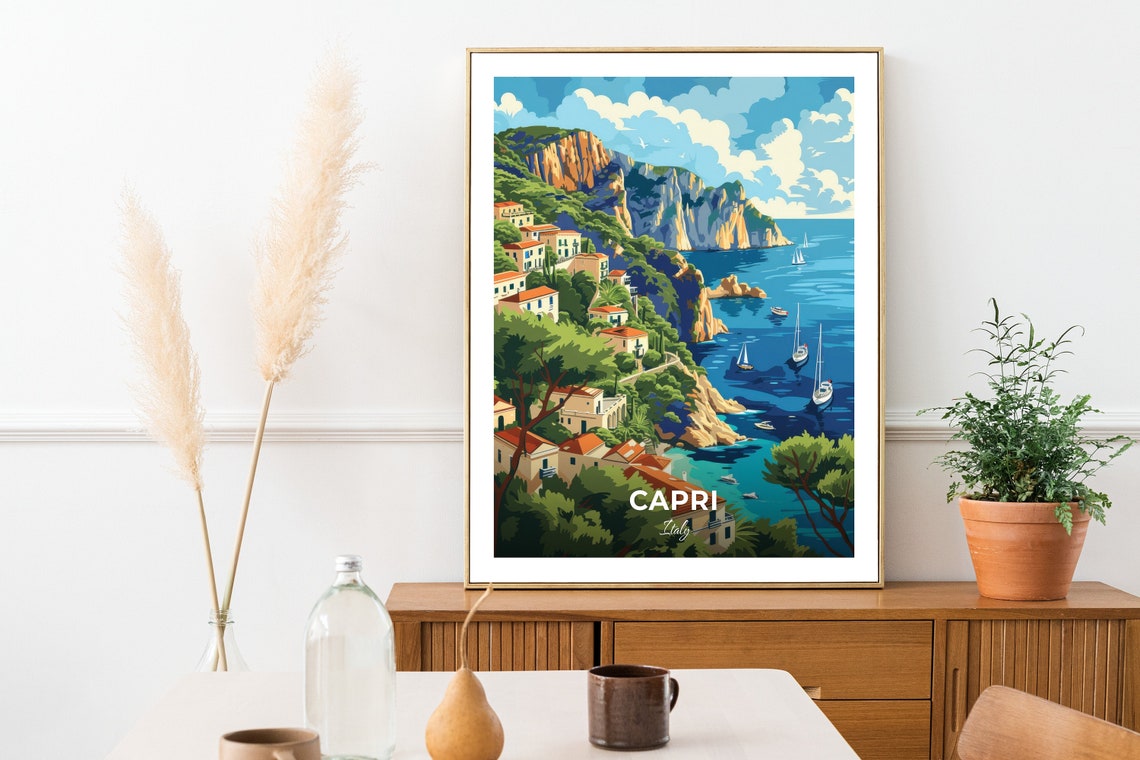 Capri Italy Anacapri Cliffs Villas Blue Sea Boats Travel Poster - Image 2