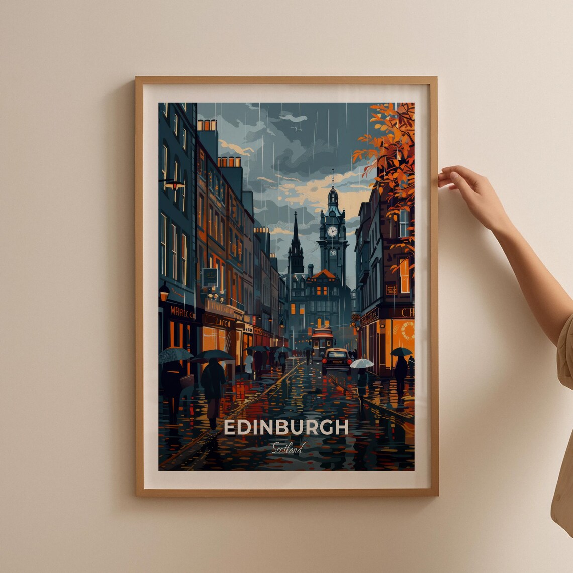 Edinburgh Scotland Rainy Night Street Umbrellas Vintage Travel Poster - Image 2