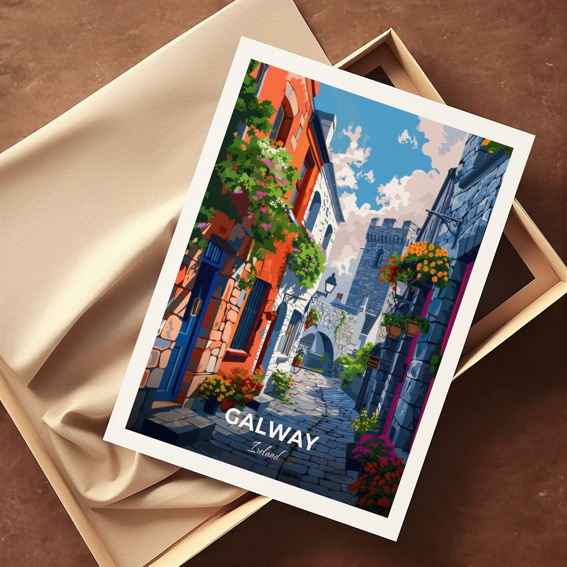 Galway Ireland Spanish Arch Colorful Street Travel Poster Floral Scene - Image 3