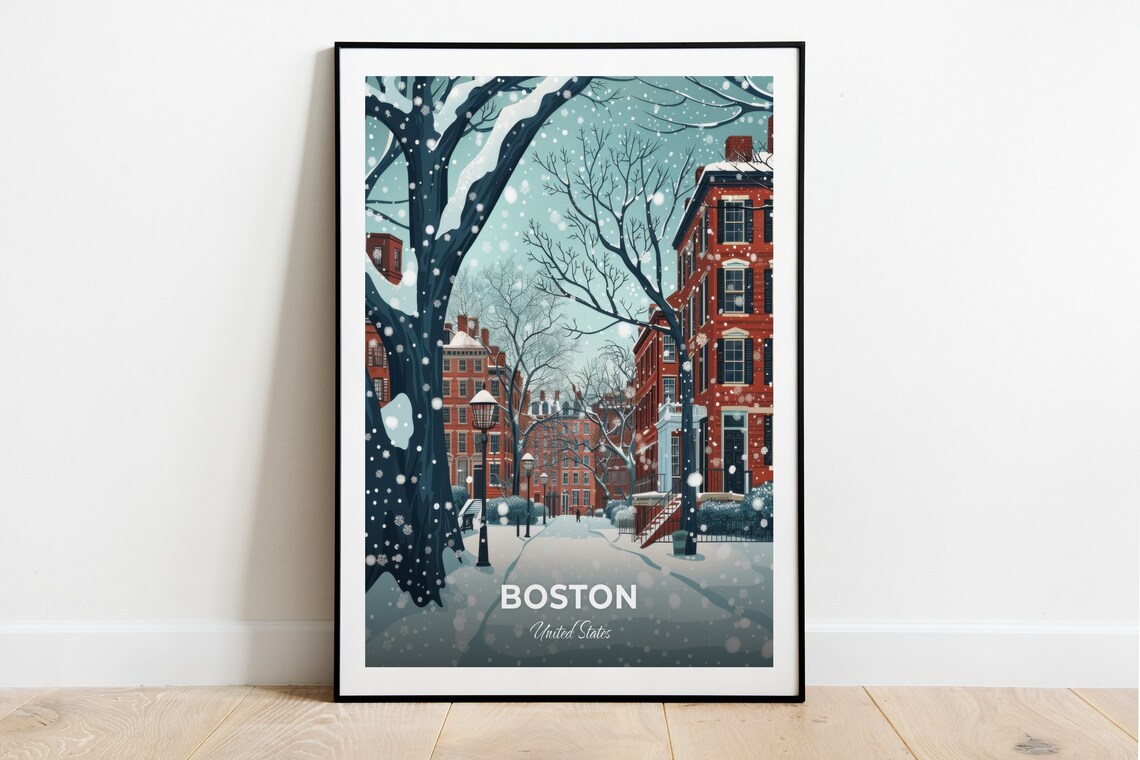 Boston Snowy Historic Winter Brick Street Scene Travel Poster