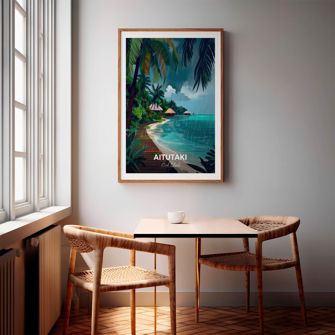 Aitutaki Cook Islands Tropical Rain Over Lagoon and Palm Huts Poster - Image 2