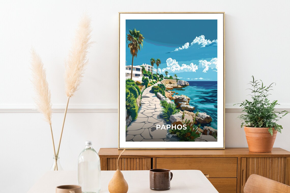Paphos Cyprus Paphos Harbour Coastal Path Palms Sea Travel Poster - Image 2