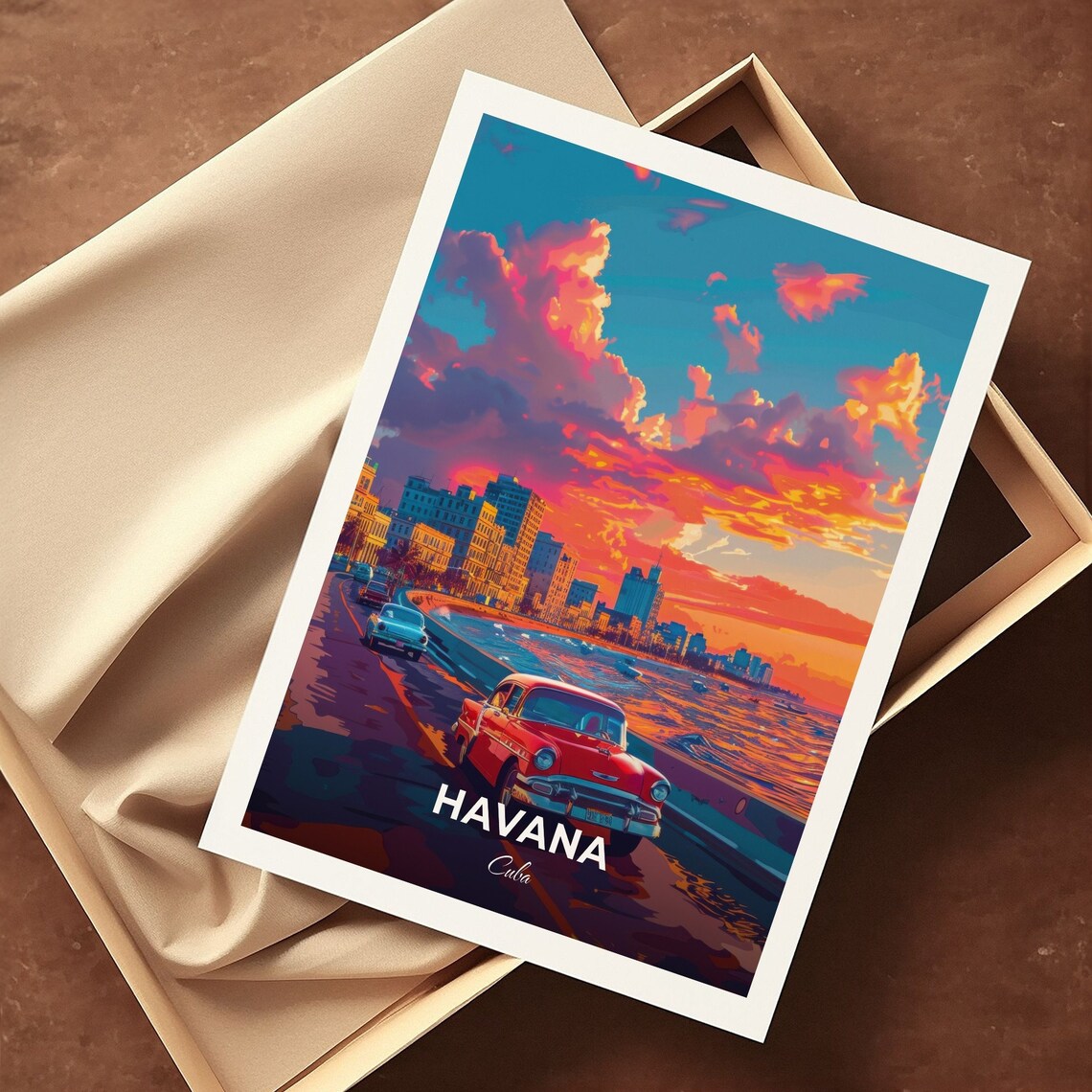 Havana Cuba Malecon Seafront Promenade Classic Cars Sunset Travel Poster - Image 3
