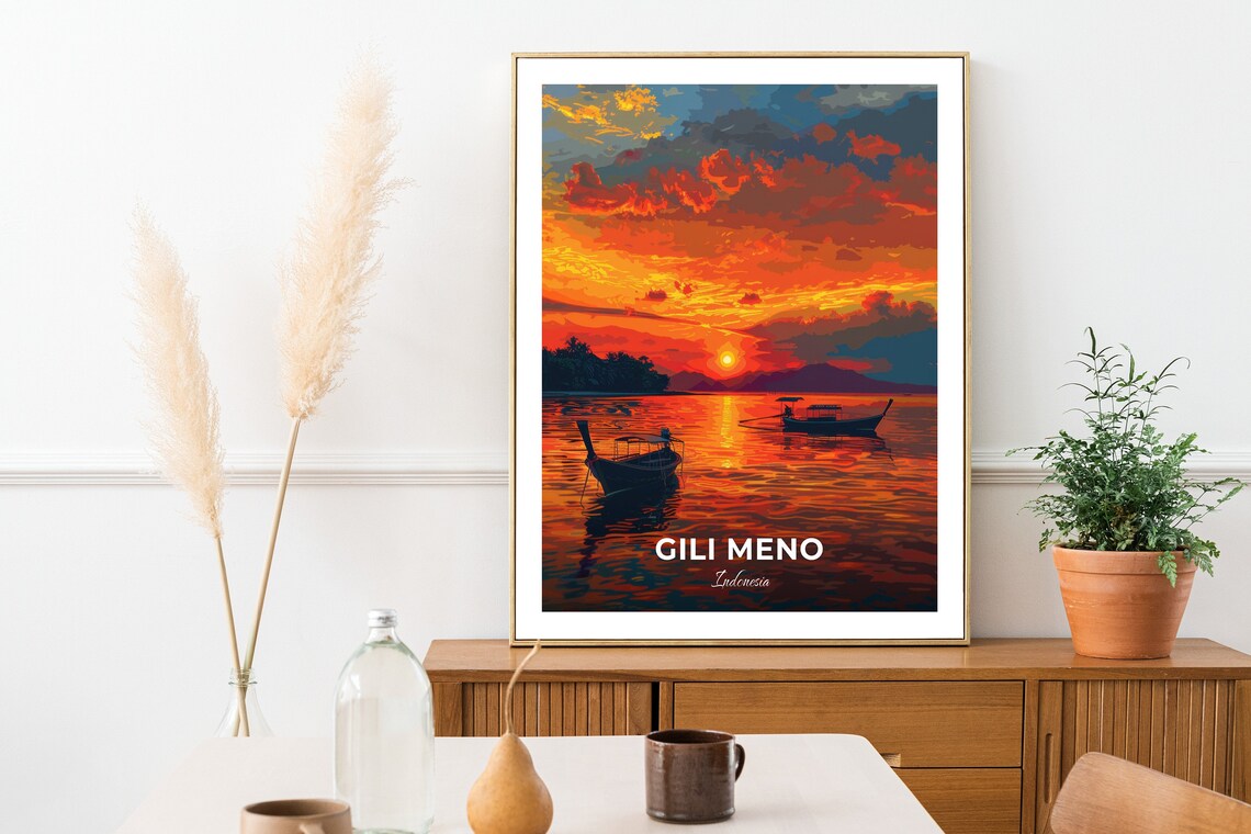 Gili Meno Sunset Boats Fiery Sky Calm Sea Indonesia Vintage Travel Poster - Image 3