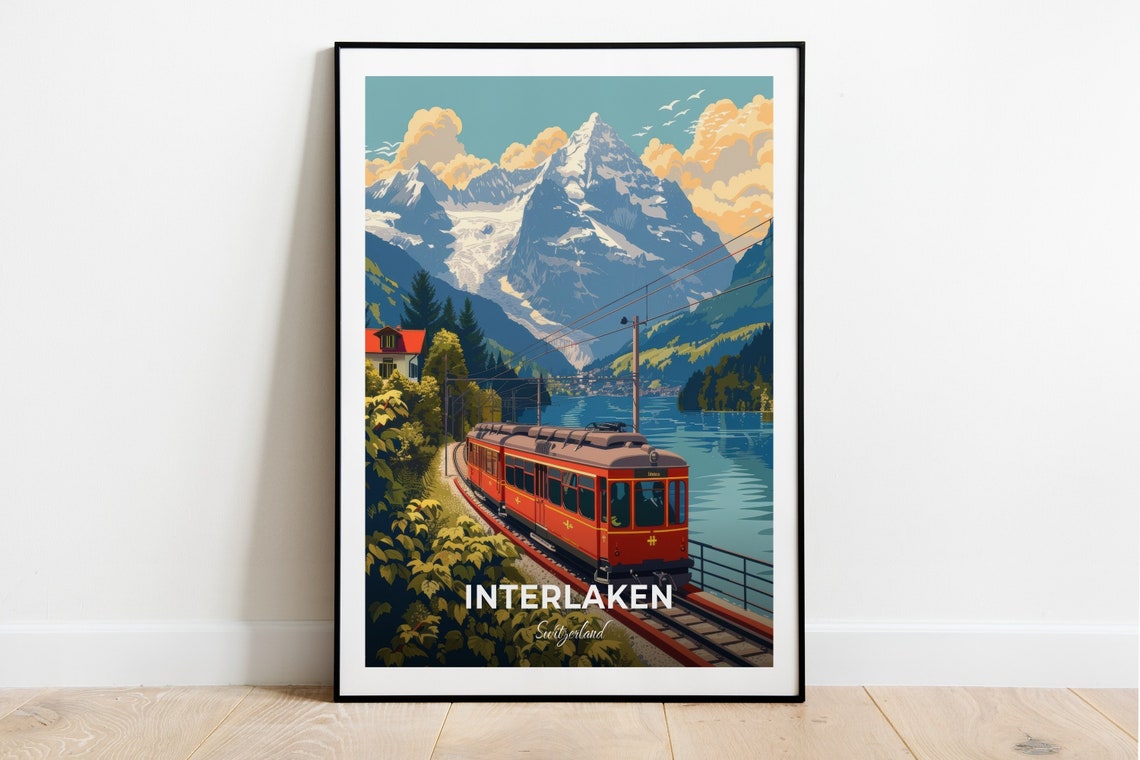 Interlaken Schynige Platte Red Cog Train Lakeside View Travel Poster