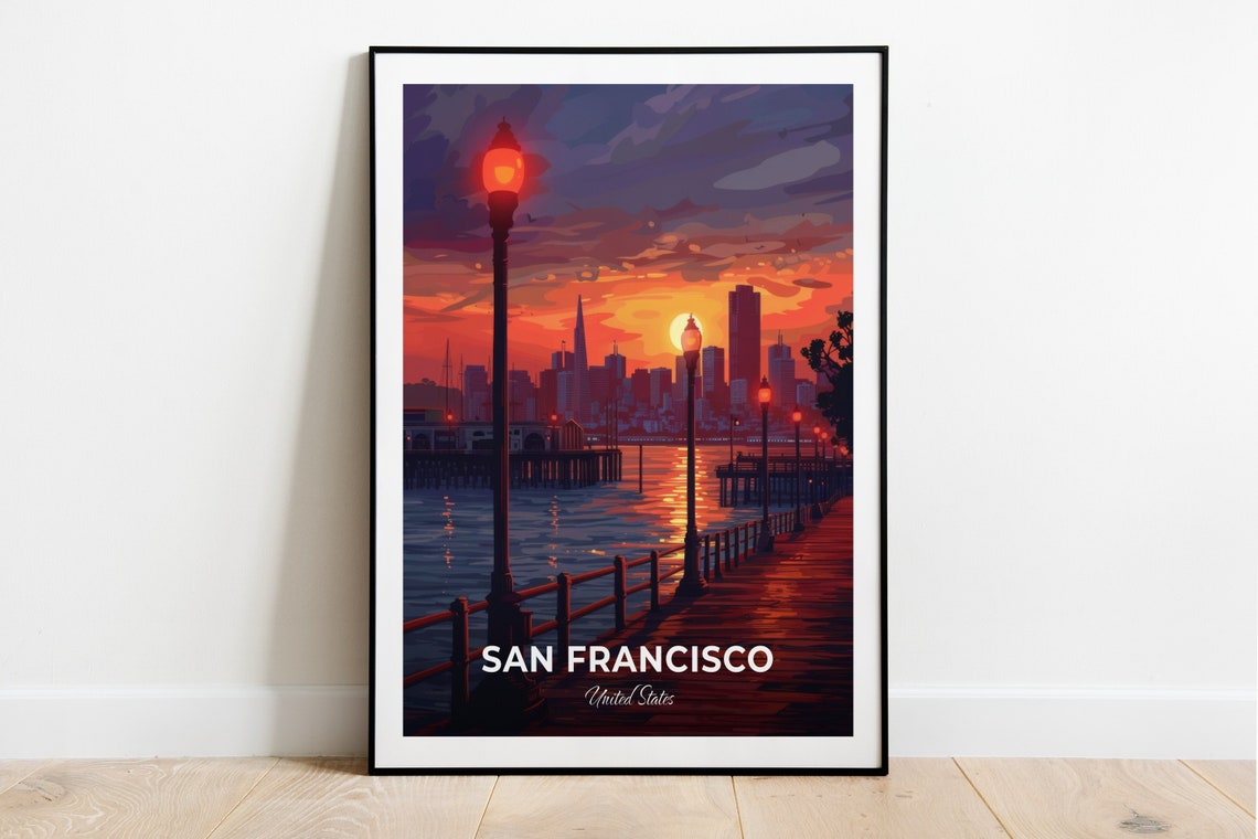San Francisco Sunset Pier Waterfront Skyline Glow Travel Scene Poster