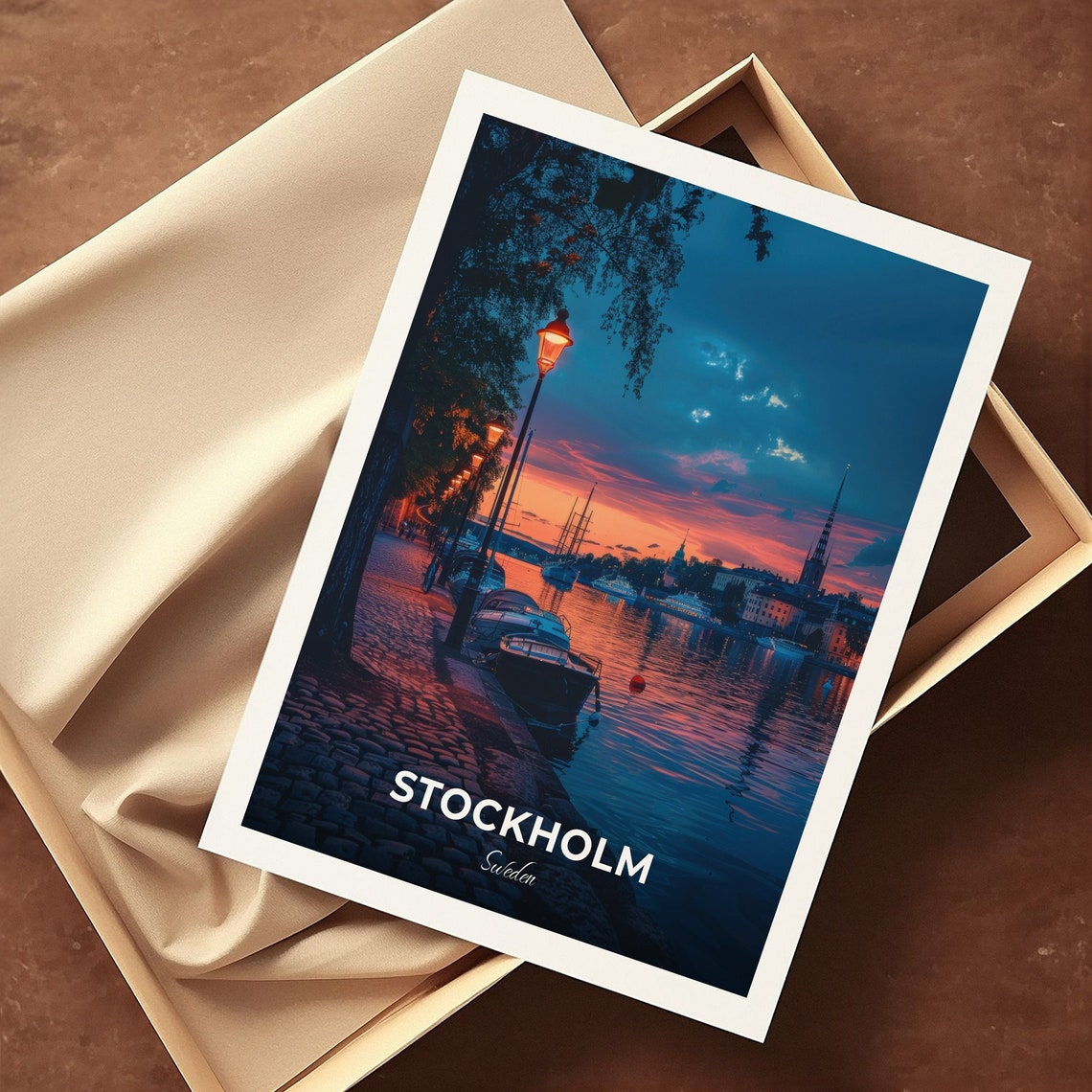 Stockholm Sweden Harbor Dusk Lamp Posts Boats Waterfront Poster - Image 3
