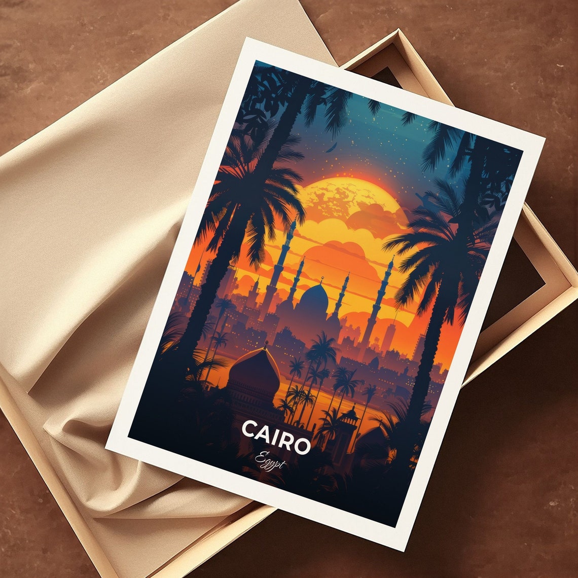 Cairo Egypt Mosque Skyline Minarets Palm Sunset Cityscape Poster - Image 3
